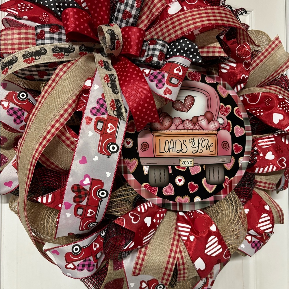 Valentines Day Wreath loads of love red truck Handmade Deco Mesh XL 24’’